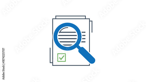 Document analysis icon with magnifying glass and checkmark on white background