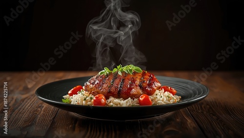 Sizzling grilled meat accom...