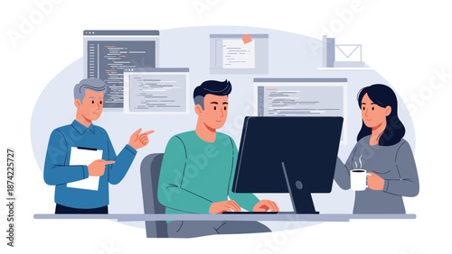 Team collaboration in modern office environment with computers and code on screens