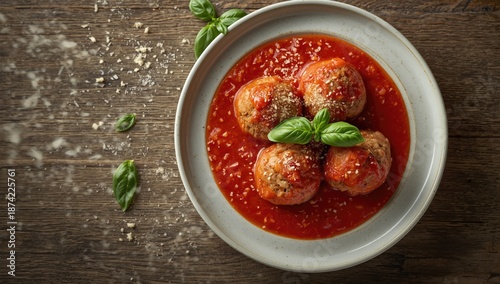 Meatballs made from pork in a rich tomato sauce with garlic and basil, focusing on protein-rich meals, dinner setting, World Food Day © vxnaghiyev