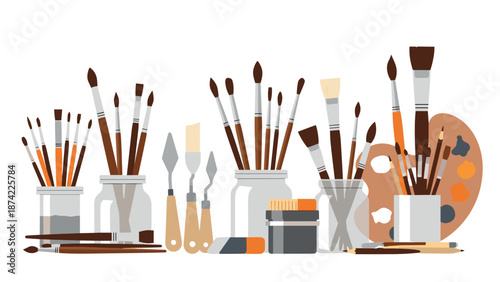 Artistic tools collection: paintbrushes, palette knives, and jars for creative projects
