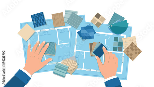 Interior design planning with blueprint and material samples for creative home renovation
