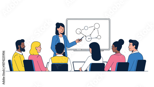 Diverse team engaged in business strategy meeting with diagram on whiteboard