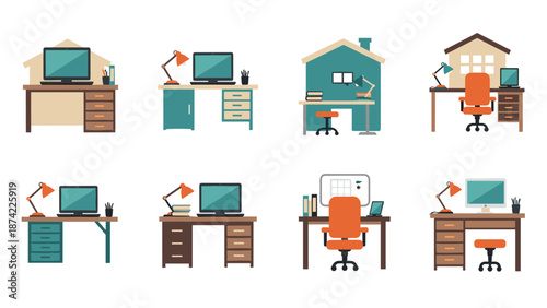 Modern home office desks with computers and lamps in flat design style