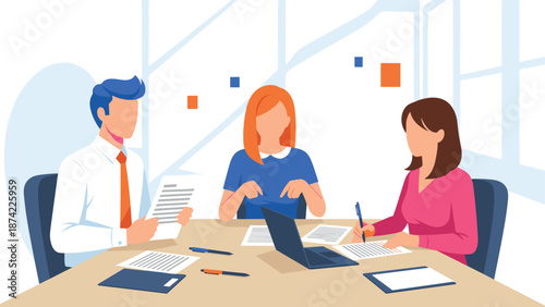 Professional team meeting in modern office setting with collaborative discussion