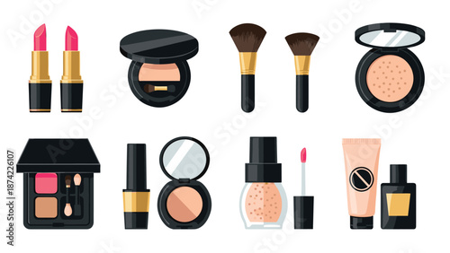 Cosmetics icons set: lipstick, blush, brushes, nail polish, and more in flat design