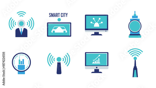 Smart city technology icons featuring communication and network elements