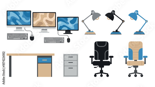 Modern office equipment collection featuring monitors, desks, and chairs in a flat style