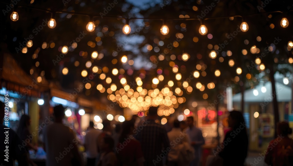 Naklejka premium Bokeh effect from illuminated bulbs at a night street market, used as a background for urban event layouts