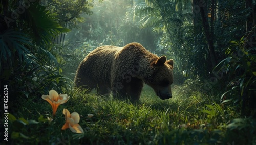 Wild bear navigating dense ...