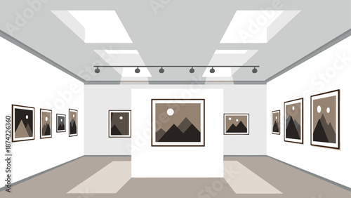 Modern art gallery interior with framed artwork displayed on white walls and track lighting