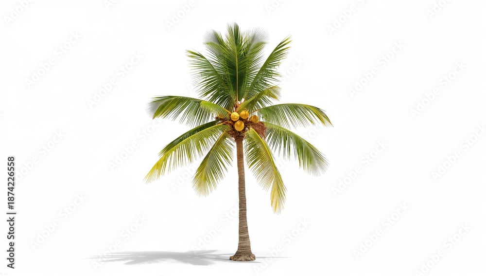 Fototapeta premium Isolated palm tree with coconuts on white, suitable for tropical-themed editorial headers