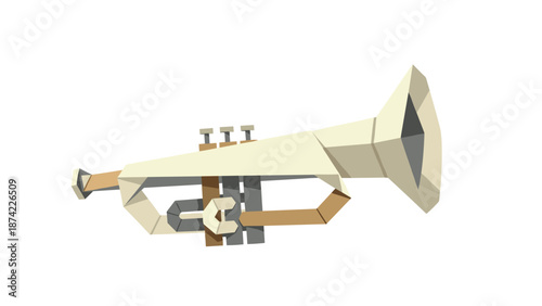 Geometric brass trumpet in low poly style on white background