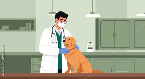 Veterinarian Examining Golden Retriever Dog in Clinic 1.