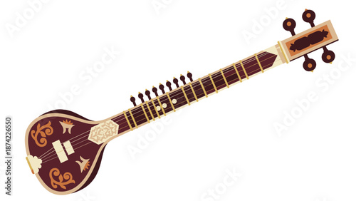 Traditional indian sitar musical instrument in flat style with decorative patterns