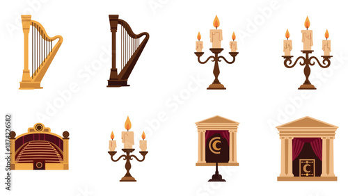Elegant musical and decor elements: harps, candelabras, and stage designs