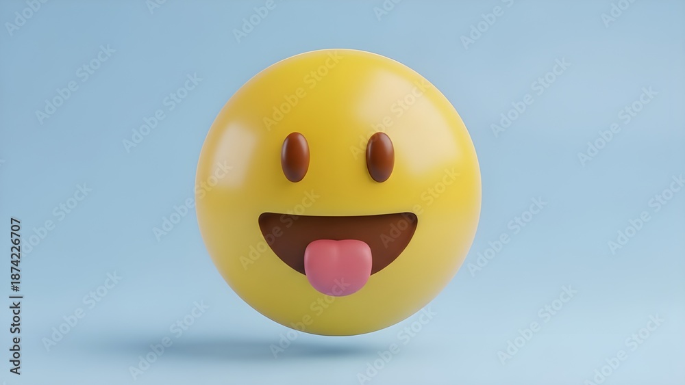 Fototapeta premium A cheerful, yellow 3D face emoji with a wide-eyed laugh and a sticking out tongue. Its rounded, glossy, and modern design is perfect for social media icons, chat stickers, or creative UI elements.