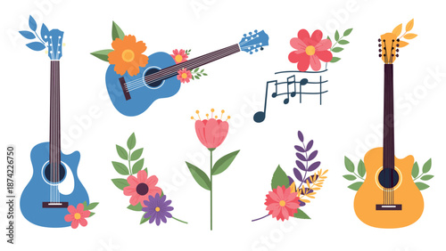 Colorful acoustic guitars and floral elements with musical notes