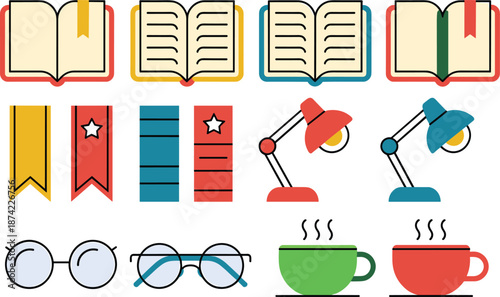 Flat design illustration set of reading study icons, books bookmarks desk lamps glasses coffee cups education library learning vector collection