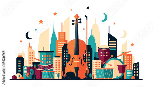 Musical cityscape: urban symphony with instruments and skyline in retro style