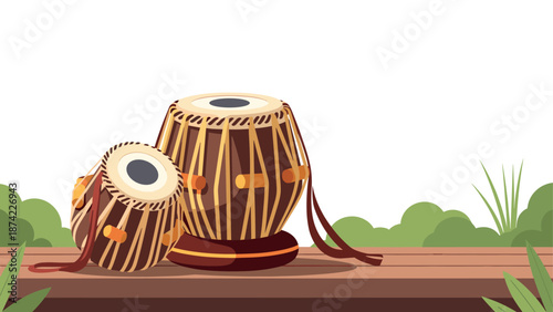 Colorful tabla drum set on wooden stage with greenery in background