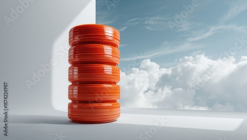 Stacked orange wheels on a ...