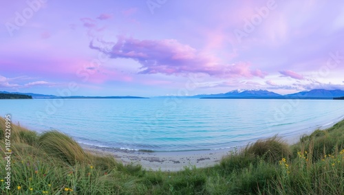 Blue and pastel-hued lake w...