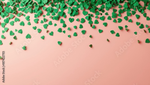 Green felt heart confetti backdrop with love and romance symbols, suitable for wedding or celebration layouts