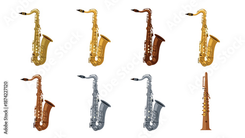 Colorful saxophone collection: diverse designs and textures in musical instrument icons