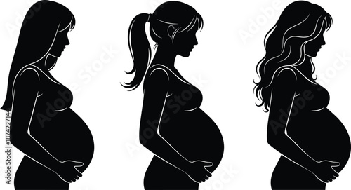 Black pregnant woman silhouettes vector set isolated on white background for motherhood maternity healthcare pregnancy journey and expectant mother lifestyle design