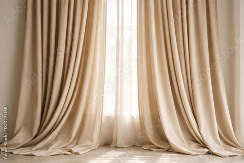 Beige curtain with wide tai...