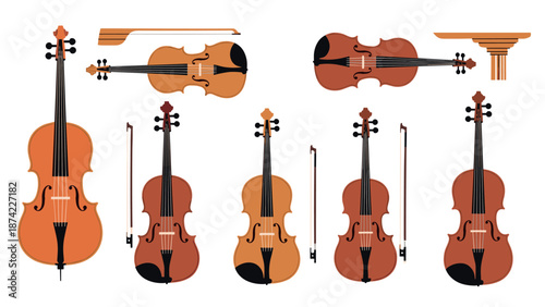 Elegant flat design of string instruments with violins and cellos