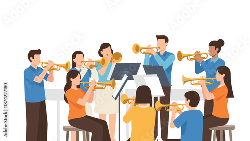 Flat style brass band ensemble playing music together in harmony