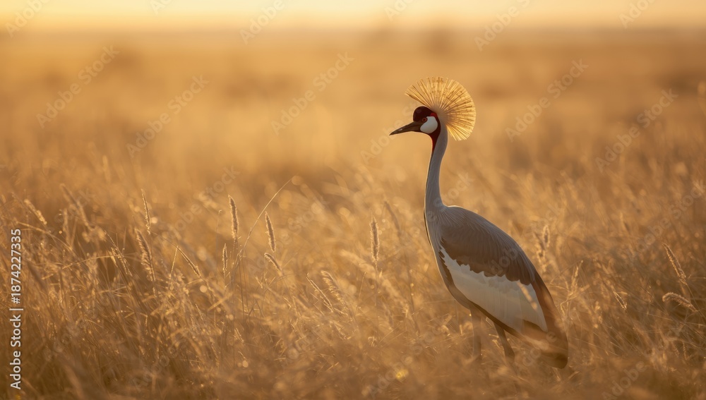 Fototapeta premium Crested Crane perched on a branch in a nature reserve, highlighting bird species conservation efforts