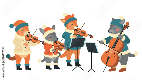Cute woodland animals playing string instruments in winter attire