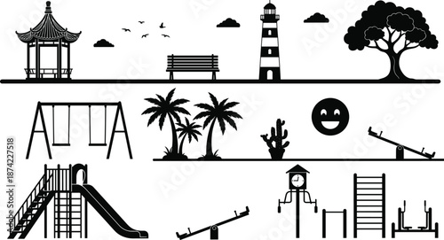 Black park and playground silhouettes vector set isolated on white background for outdoor city landscape recreation leisure and public spaces