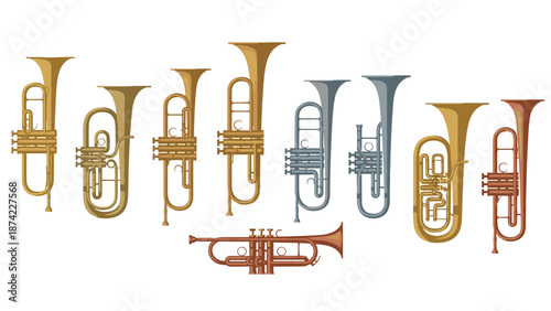Colorful brass instruments set with tubas and trumpet in flat design