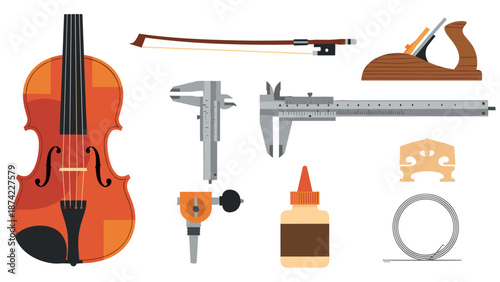 Musical instrument making tools set with violin and craft equipment