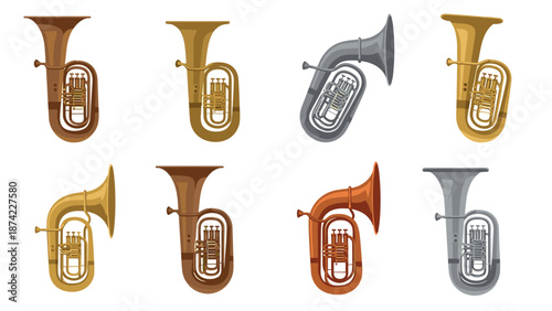 Colorful tuba collection showcasing brass musical instruments in flat design