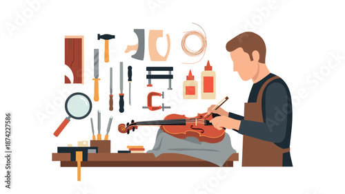 Luthier workshop tools and craftsmanship: creating beautiful violins in a flat style