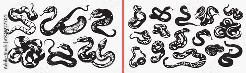 snake illustration set, coiled snake artwork, reptile tattoo design, hand drawn snake sketch, black ink snake art, serpent illustration pack, gothic animal artwork, printable snake illustration, dark 