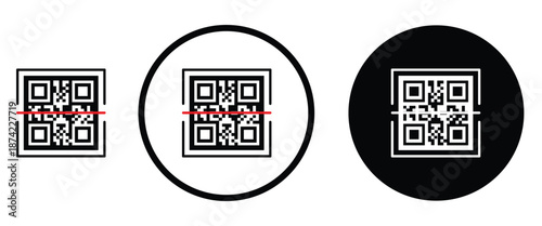 Three minimalist black and white QR code icons arranged horizontally on a transparent background. Left: standard square QR pattern. Center: QR inside thin white circle on black. Right: QR inside thick