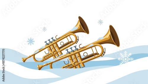 Festive brass instruments in winter wonderland with snowflakes