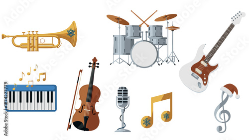 Festive musical instruments with christmas elements and notes