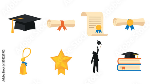 Educational symbols: graduation hats, diplomas, and academic achievements