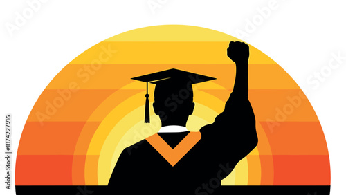Silhouette of graduate with raised fist against vibrant sunset background