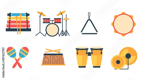 Colorful flat style percussion instruments set with xylophone, drums, and more