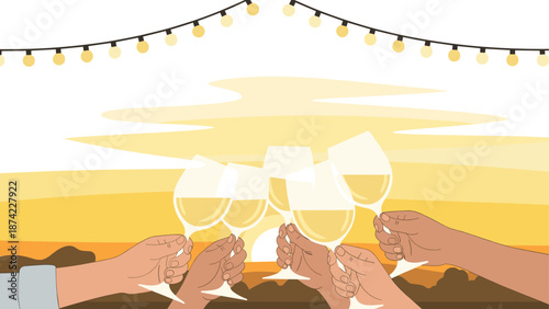 Sunset celebration: hands holding wine glasses against vibrant horizon