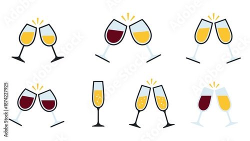 Cheers celebration icons with wine and champagne glasses in minimalist flat design