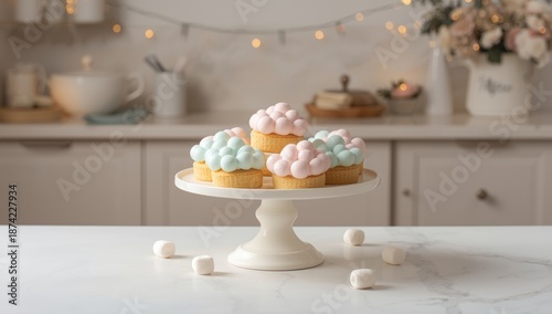 Cloud-shaped cakes kept in ...